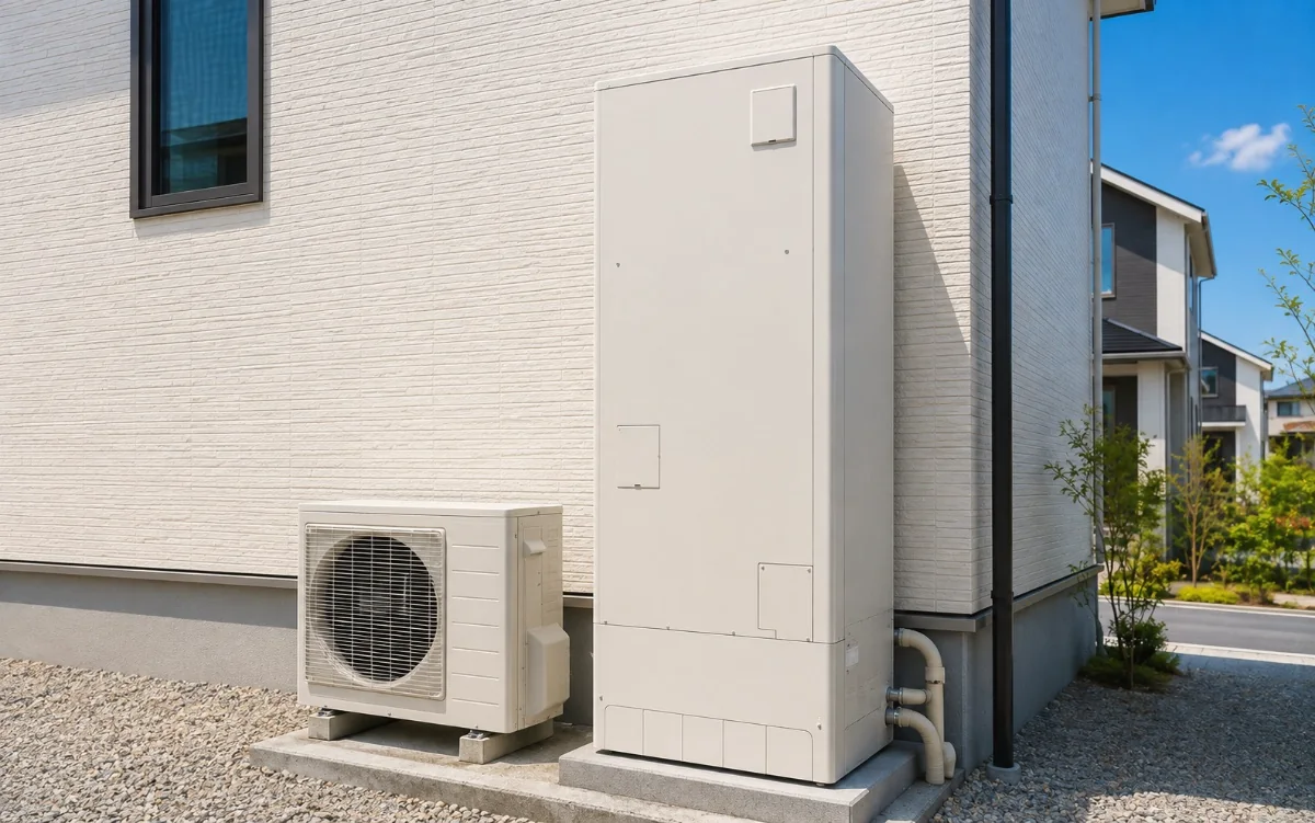 住宅の外壁沿いに設置されたエコキュート