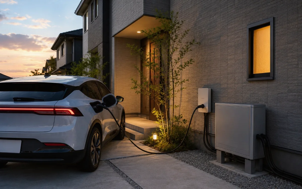 玄関先で電気自動車を充電する住宅(V2H)